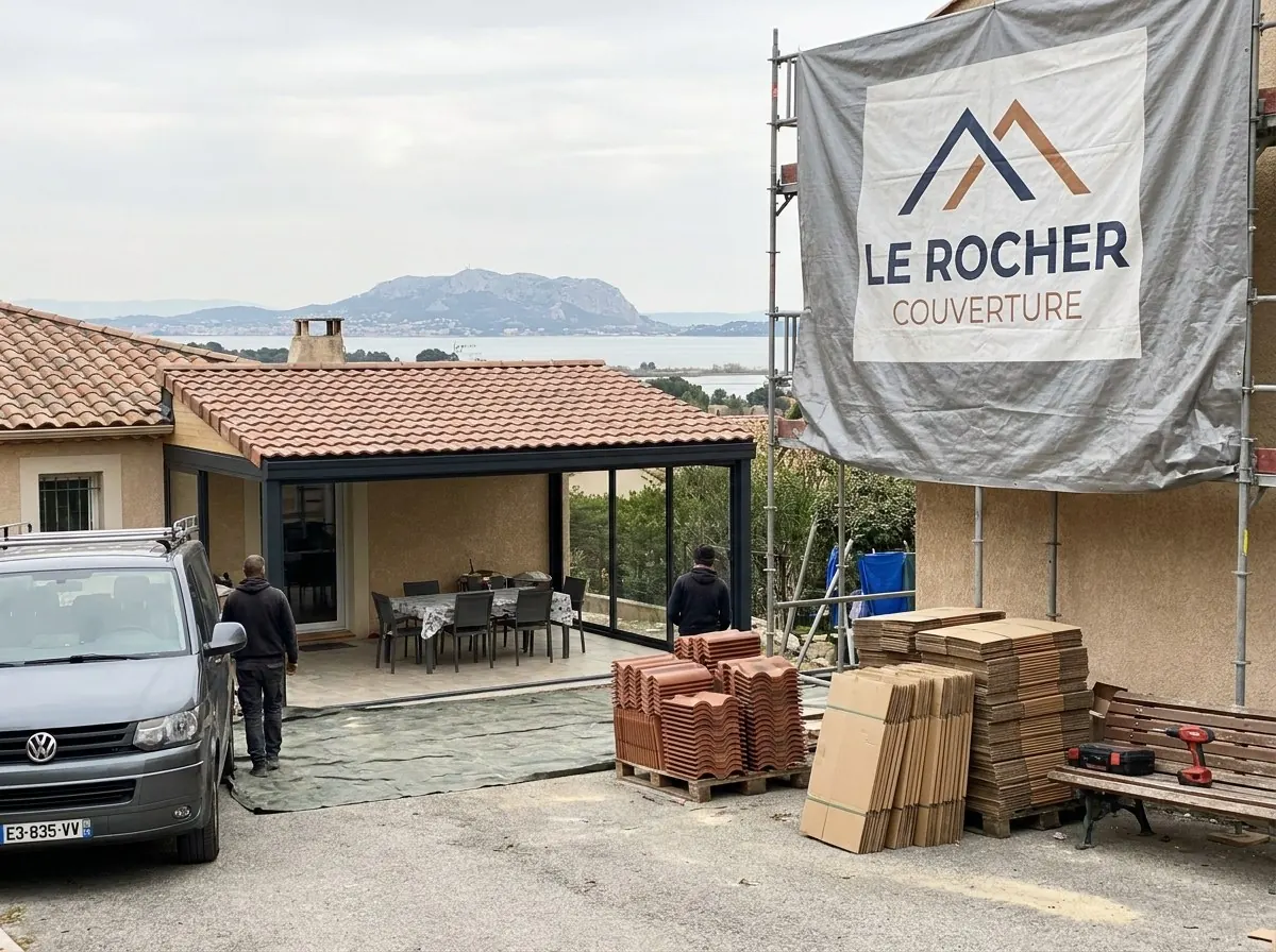 Chantier de toiture en tuiles canal de Le Rocher Couverture à Vitrolles, bâche de l'entreprise sur l'échafaudage et étang de Berre en contrebas